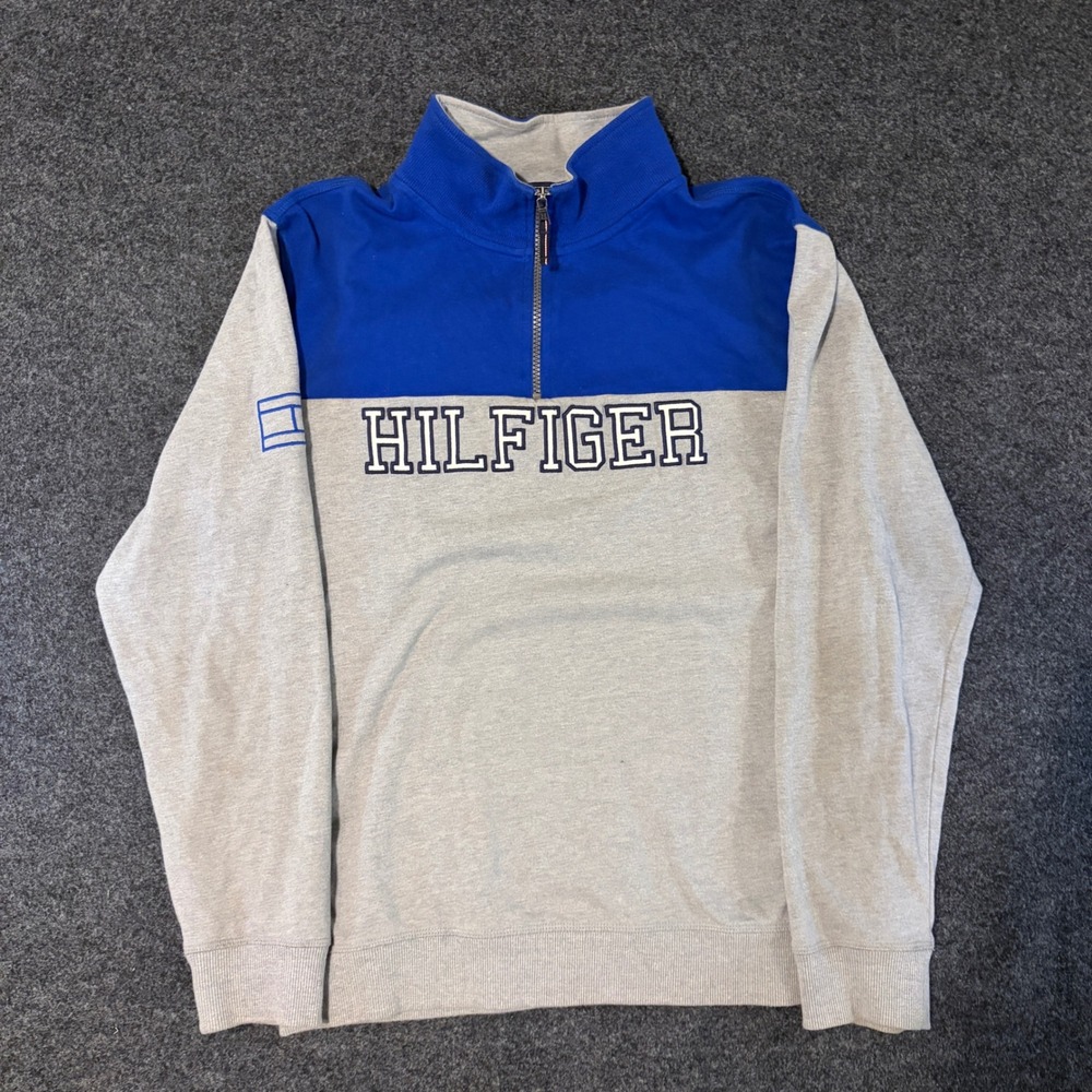 Tommy Hilfiger Girls XL Quarter Zip Pullover Sweatshirt Gray Blue Colorblock